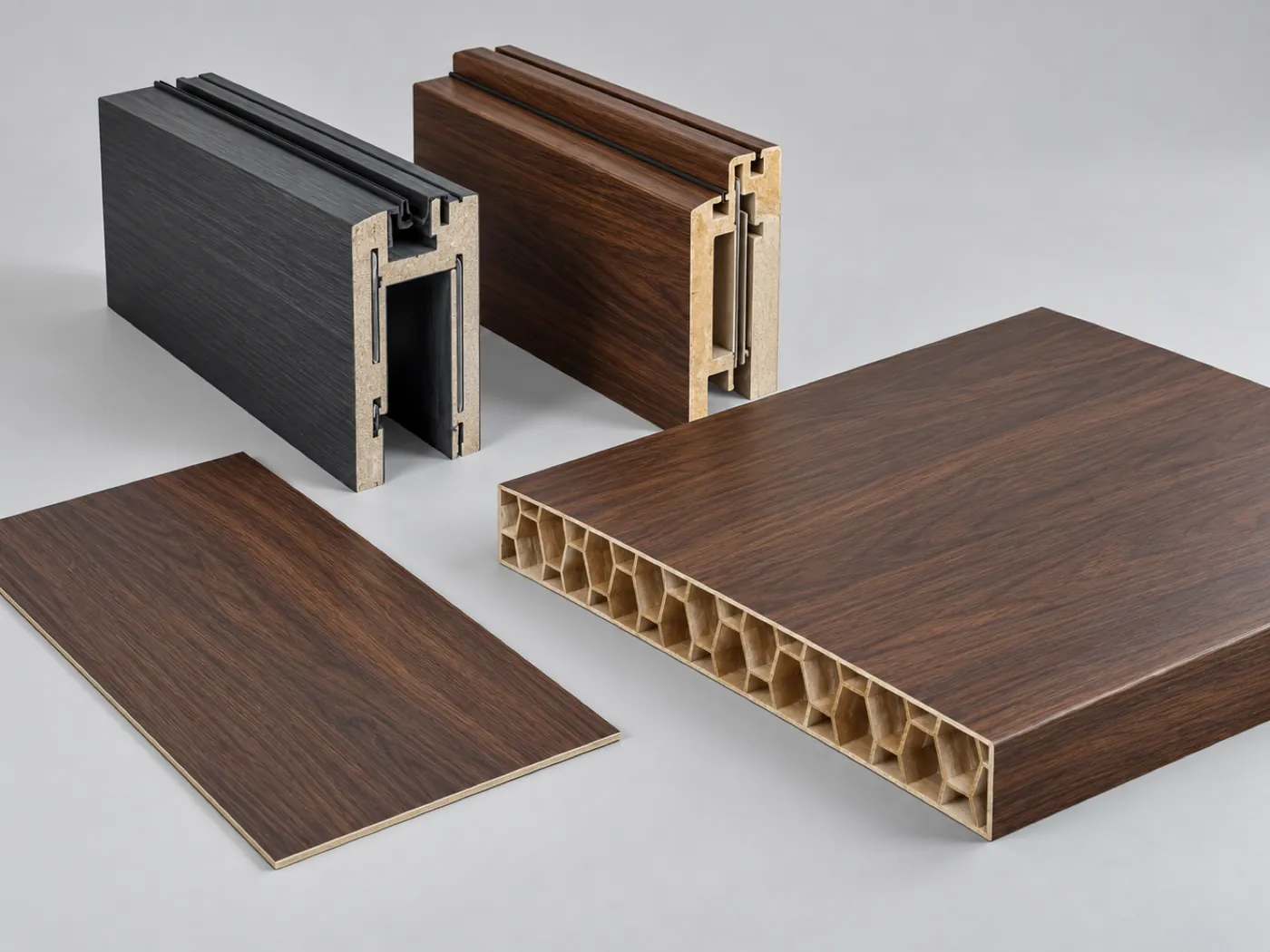 Anthracite and dark walnut composite door frame profiles, a door skin panel and a honeycomb-core door panel section